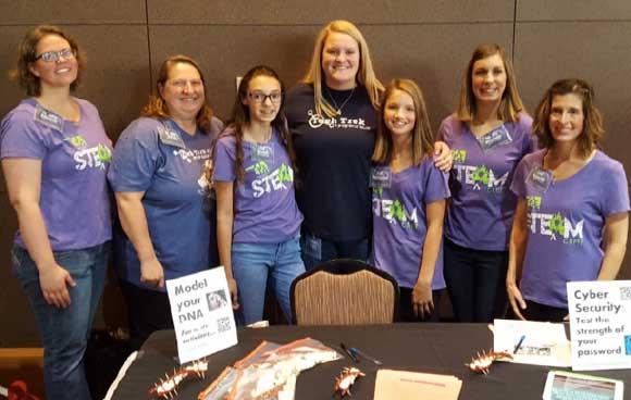 photo featuring presenters at Governor Mary Fallin's STEM & Entrepreneurship Summit. Presenters included (left to right): Dr. Jorie Edwards (SWOSU Psychology), Dr. Lori Gwyn (SWOSU Chemistry), Ella Barnett (2017 Tech Trek Camper from Weatherford), Breleigh Hughes (SWOSU pre-nursing major), Kyla Risenhoover (2016 Tech Trek Camper from Hydro), Erin Ridgeway (SWOSU Libraries) and Dr. Lisa Appeddu (SWOSU Pharmacy). 