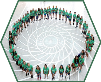 A picture of all of the campers standing in a circle in the lobby of Devon Energy.
