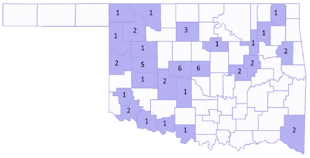 A map of Oklahoma which illustrates the distribution of counties across Oklahoma from which campers were from as shaded in purple, and the number of campers who came from that county is printed within its borders.  Counties and campers include: Beckham (1), Caddo (2), Canadian (6), Cherokee (2), Cotton (1), Craig (1), Custer (5), Dewey (1), Ellis (1), Garfield (3), Grady (1), Greer (1), Harper (1), Jackson (2), Jefferson (1), McCurtain (2), Okfuskee (2), Oklahoma (6), Okmulgee (2), Payne (1), Roger Mills (1), Rogers (1), Tillman (1), Tulsa (1), Washita (1), Woods (1), and Woodward (2).
