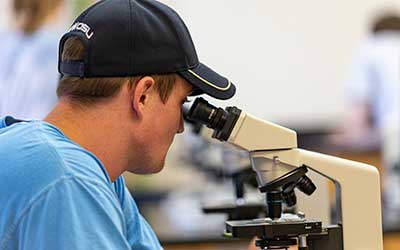 student using microscope