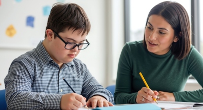 Teacher working at desk with student.