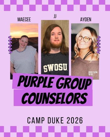 Photos of Maecee, JJ, and Aiden.  Purple Group Counselors Camp Duke 2026.